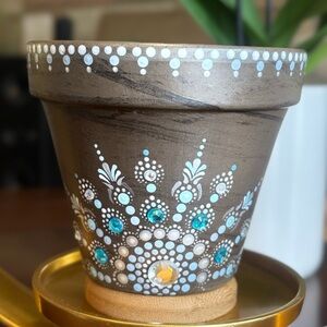 Hand Painted Mandala Flowerpot 4.25 Inch Diameter 3.75” Inch Height.